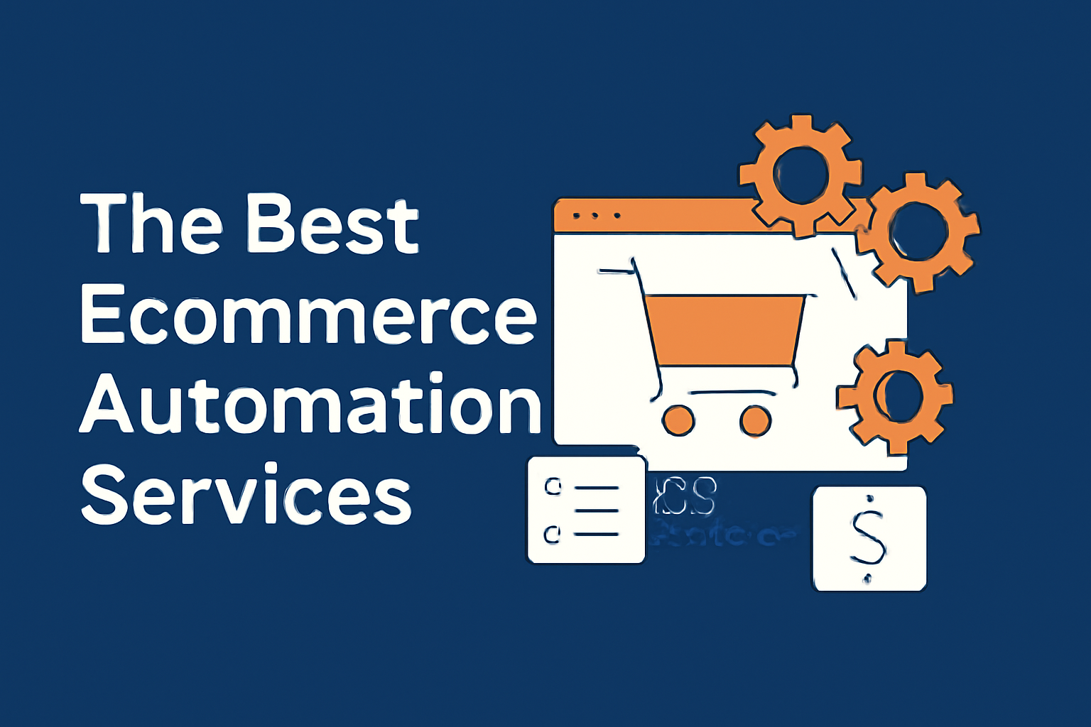 "Illustration of an ecommerce automation process with a shopping cart, gears, and icons on a deep blue background, representing the best ecommerce automation services."