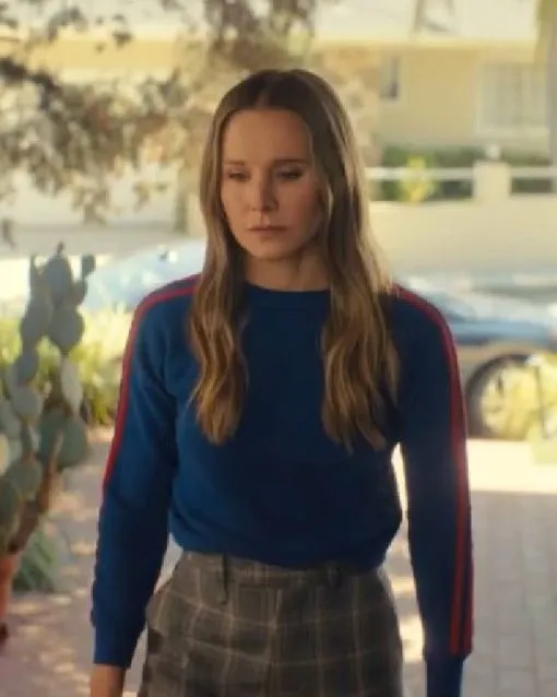 Kristen Bell Nobody Wants This Season 2 Navy Blue Crewneck Sweater with Double Red Stripes on Sleeves