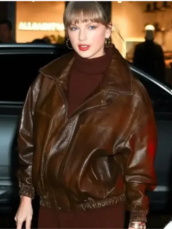 Taylor Swift NYC 2025 Full Zip, Wide Turn-Down Collar and Ribbed Cuffs & Hem Oversized Cognac Brown Leather Bomber Jacket