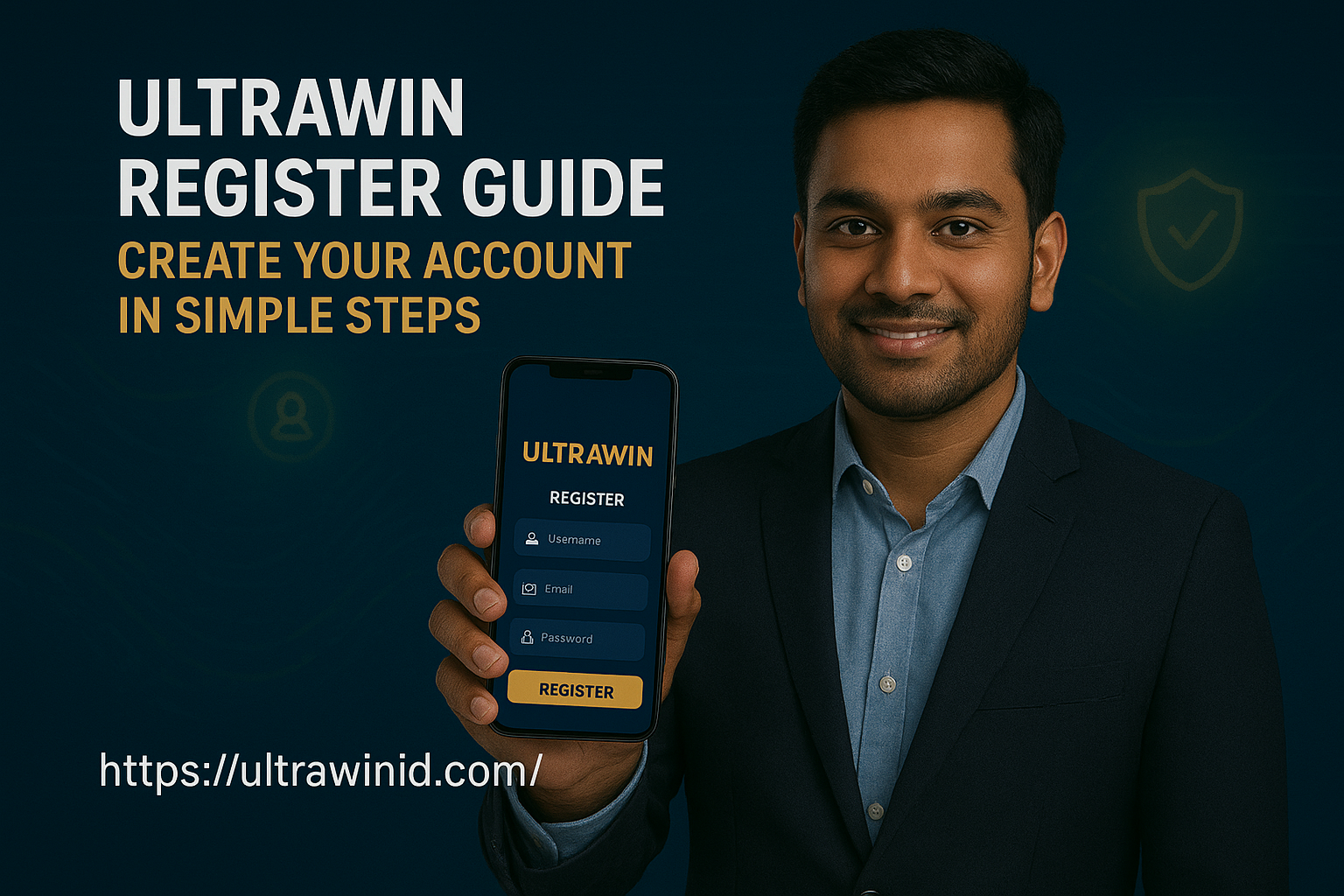 A confident Indian man holding a smartphone showing the Ultrawin App registration screen with glowing blue and gold tones, against a digital background with shield and login icons.